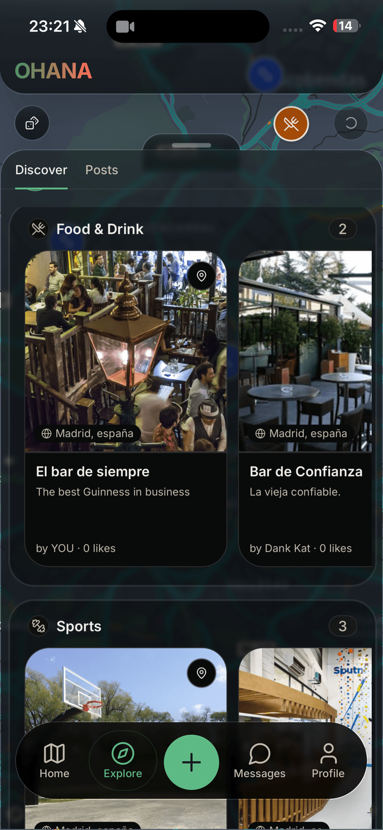 OHANA dark-mode explore screen