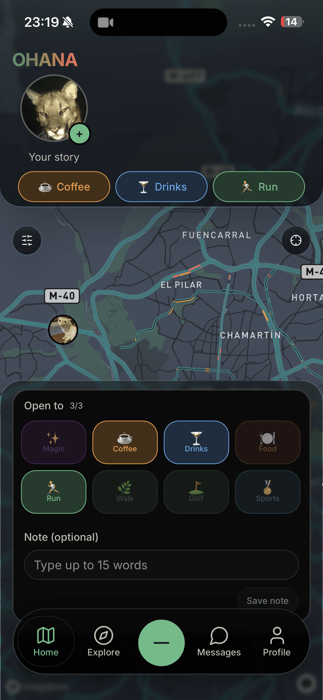 OHANA dark-mode hints screen