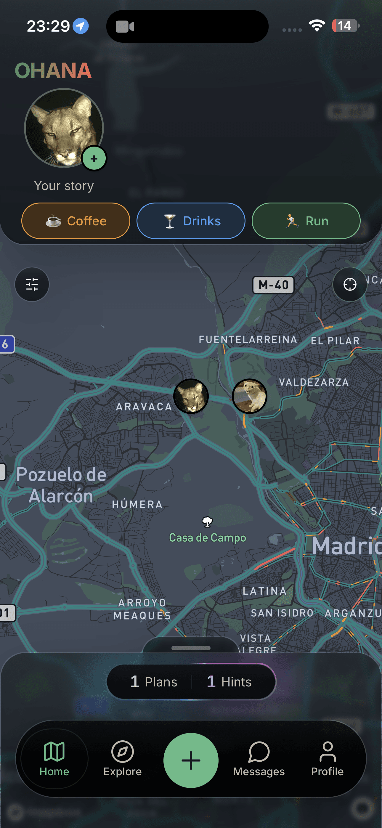 OHANA dark-mode home map with nearby friends and live social status