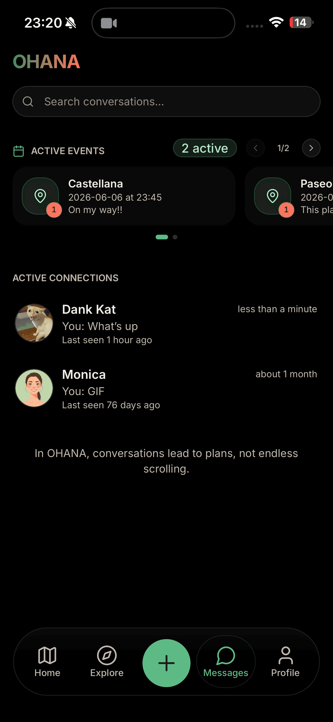 OHANA dark-mode messages screen