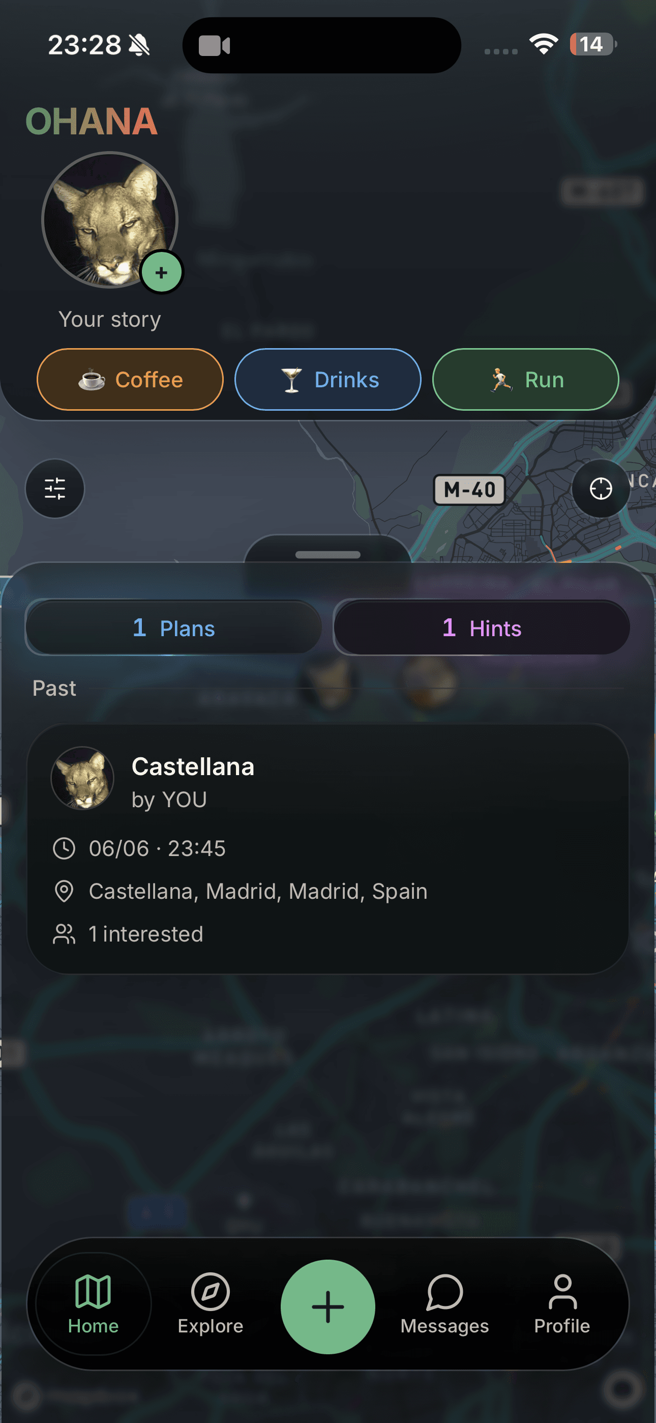 OHANA dark-mode plans home with a summary card