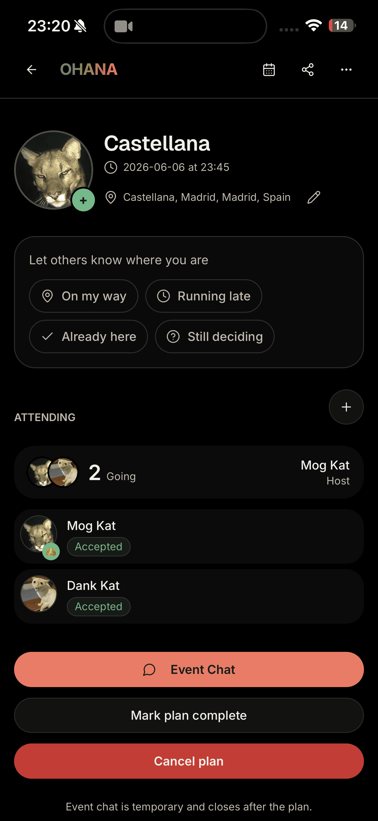 OHANA dark-mode plan details screen
